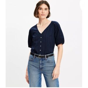 LOFT Navy Blue Button-Up Women's Dobby Bubble Sleeve Mixed Media Blouse Size XL